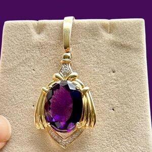 Huge Zambian Amethyst & Diamond 14K Gold Enhancer Pendant